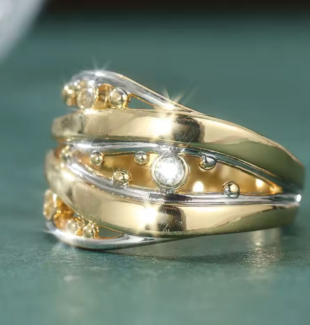 Vintage Ethnic Two-Color Ring with White CZ