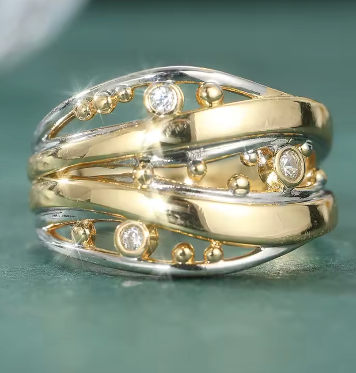 Vintage Ethnic Two-Color Ring with White CZ