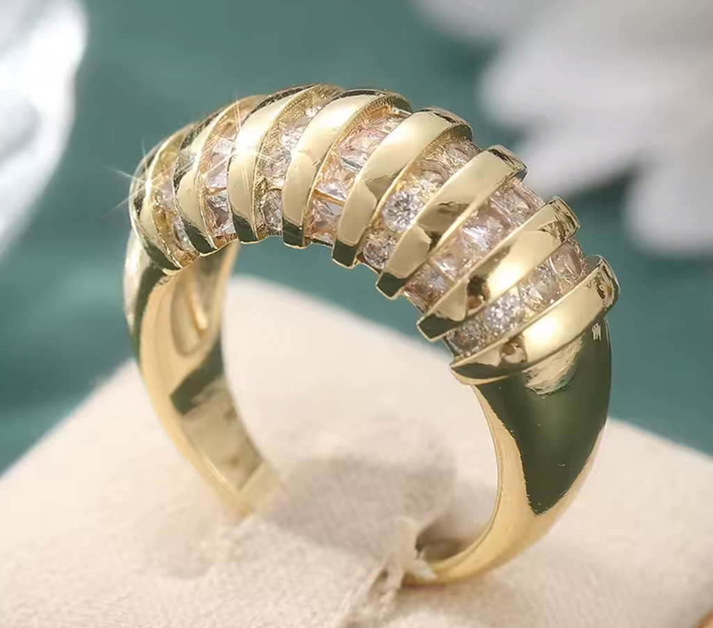 Dazzling Gold Color Geometric Ring with White CZ
