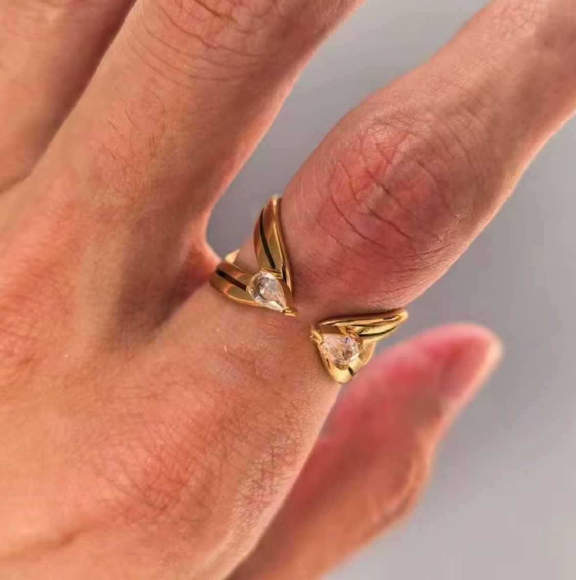 Vintage 18K Gold Plated Stainless Steel Open Ring with Zircon