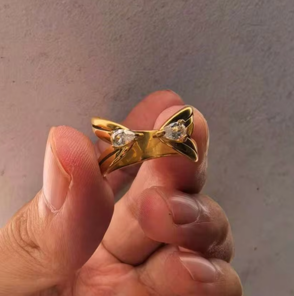 Vintage 18K Gold Plated Stainless Steel Open Ring with Zircon